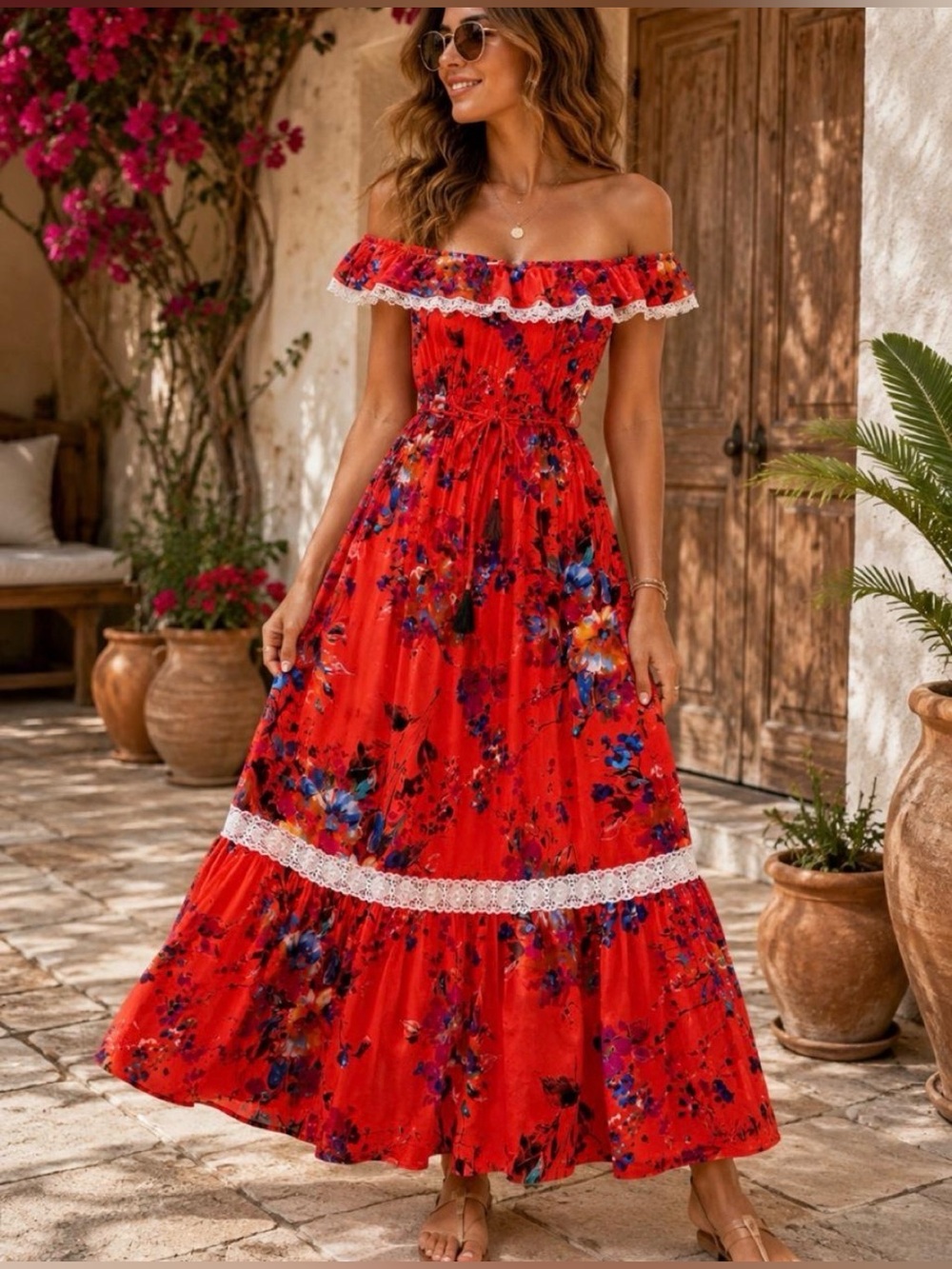 Umgee Size M Off-The-Shoulder Orange Floral Boho Maxi Dress